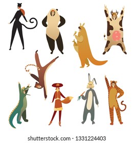 Flat vector set of young people in animal costumes. Cartoon men and women in clothing for carnival