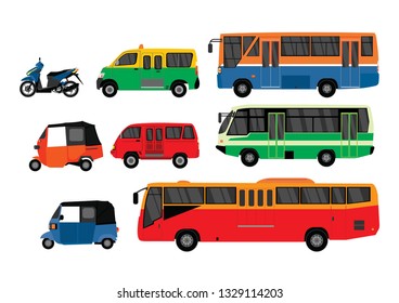 flat vector of  several types of public transportation collection in indonesia