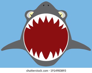 A flat vector shark with mouth open is swimming toward the viewer