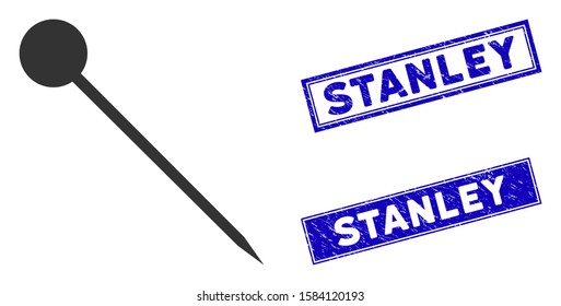 Flat vector sharp pin icon and rectangle Stanley stamps. A simple illustration iconic design of Sharp Pin on a white background. Blue Stanley rubber stamps with rubber surface.