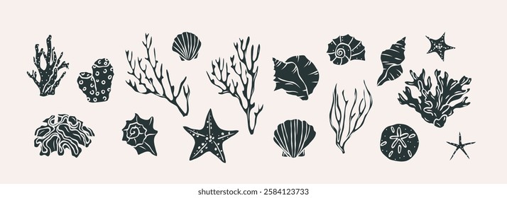 Flat vector shells and corals collection. Whimsical illustration