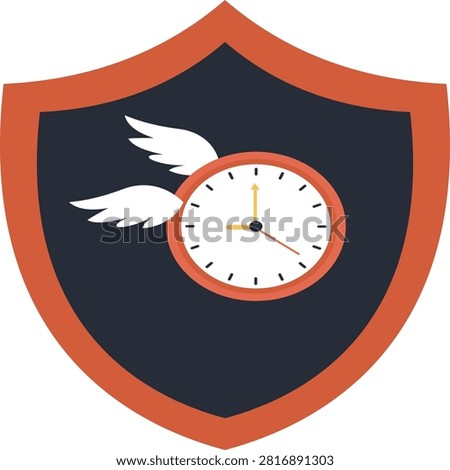 Flat Vector Shield Icon with Winged Clock for Fast Delivery and Time Security Concept