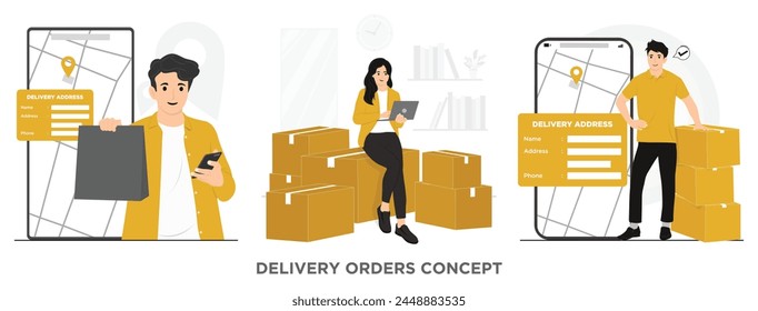 Flat vector shipping box and taking order delivery packages delivery courier concept illustration