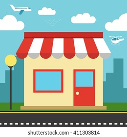 Flat vector shop or market. City, clouds, plane, helicopter and bird on the background.