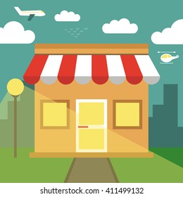 Flat vector shop or market. City, clouds, plane, helicopter and bird on the background. Shop is open at night.