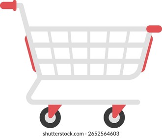 Carrinho de compras vetor plano com alça vermelha e rodas em vista lateral para comércio eletrônico, loja de varejo ou design de interface do usuário de supermercado