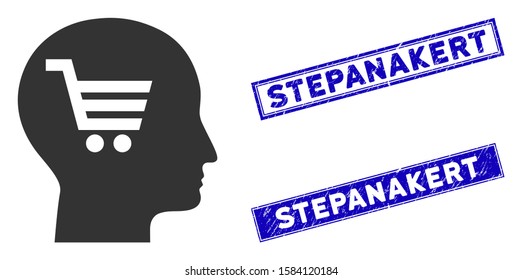 Flat vector shopping dream icon and rectangular Stepanakert seals. A simple illustration iconic design of Shopping Dream on a white background. Blue Stepanakert seals with scratched texture.