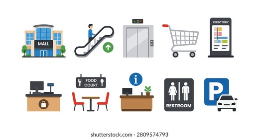 Flat vector shopping mall icons featuring mall building, escalator, elevator, shopping cart, directory kiosk, food court, information desk, restroom, and parking symbols.