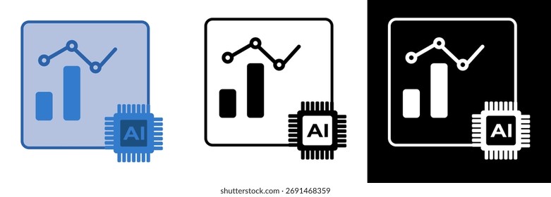 Flat vector showing AI chip integrated with data chart for analytics visualization. Perfect for business intelligence, machine learning, automation, and digital performance dashboards