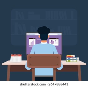 Flat vector showing back view of man working on computer at desk with books and calendar. Office or home workspace concept.
