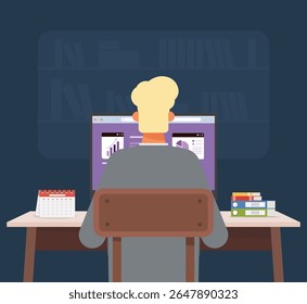 Flat vector showing back view of man working on computer at desk with books and calendar. Office or home workspace concept.