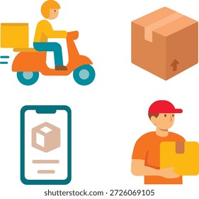 Flacher Vektor, der Liefermann, Paketkasten und Smartphone-App anzeigt, die moderne E-Commerce-Logistik darstellt.	
