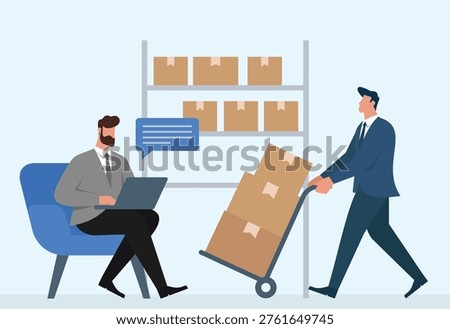 Flat vector showing storage, delivery coordination, and inventory management in a modern warehouse setting
