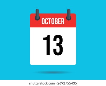 El Vector plano muestra un ícono de calendario en rojo y blanco con 'Octubre' y '13' impresos en él, sobre un fondo azul brillante sólido para temas específicos de fechas.