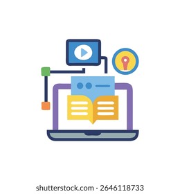 Flacher Vektor zeigt Laptop mit Buch und Video-Elemente, symbolisiert Online-Lernen. Moderner Stil und saubere Komposition.