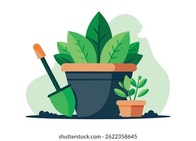 Flat vector shows a potted green plant with large leaves alongside a small potted plant and a green shovel, placed on a light green background.
