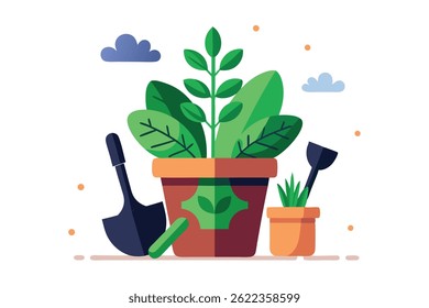 Flat vector shows vibrant potted plants with lush green leaves, accompanied by gardening tools, set against a serene sky with clouds; perfect for growth themed visuals.