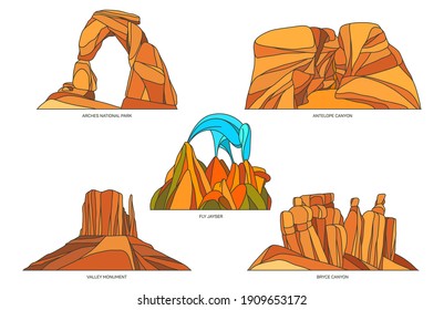 Signos vectoriales planos de paisajes naturales de Estados Unidos. Parque nacional Arches y cañón Antelope, Fly Ranch Geyser, Monument Valley y las montañas Bryce. Turismo y viajes, turismo. Señales de mapa del desierto de Estados Unidos