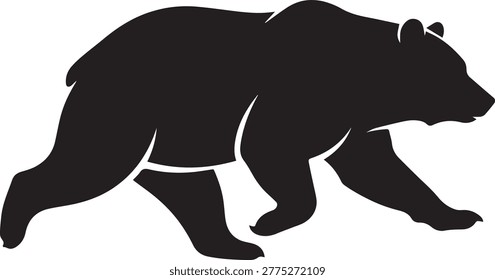 Flat vector silhouette of a bear running at full speed. High contrast minimalist animal illustration for action and wildlife movement themes.
