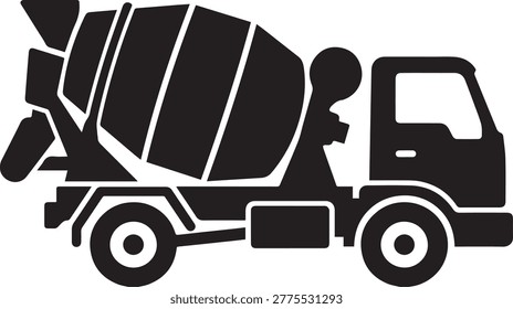Flat vector silhouette of a cement mixer truck. Clean minimalist design for construction, roadwork, and building material themes.