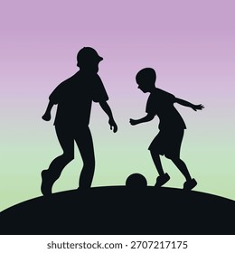 Silueta plana del Vector de los niños dos muchachos que juegan el diseño plano de la ilustración de la bola en fondo claro