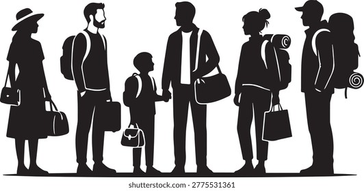 Flat vector silhouette of commuters waiting for a river launch. Perfect for public transportation and rural travel themes.