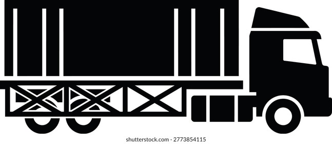 A flat vector silhouette depicting a semi-truck with a trailer, ideal for logistics, transportation, and delivery concepts. This image features a distinctive silhouette style.