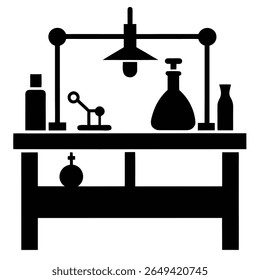 Silhueta vetor plana retrata mesa de laboratório com garrafas de vidro, instrumentos científicos e uma luminária lançando luz para baixo. O vetor é completamente preto em um fundo transparente.