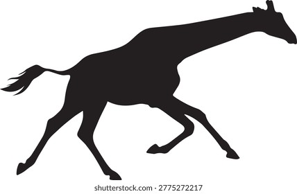 Flat vector silhouette of a giraffe running at full gallop. High contrast black and white minimal animal illustration for speed and motion themes.