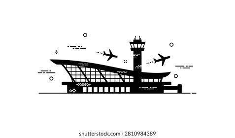 A flat vector silhouette illustration of an airport terminal building with a control tower and flying airplanes.