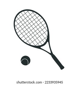 Ilustración de silueta plana vectorial en estilo infantil. Racquet de tenis a mano y una pelota. Clipart aislada en fondo blanco