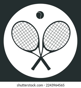 Flat vector silhouette illustration in childish style. Hand drawn tennis rackets and a ball for logo. Clipart isolated on white background