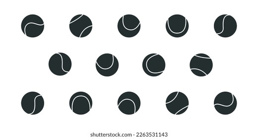 Ilustración de silueta plana vectorial en estilo infantil. La mano dibujó diferentes pelotas de tenis. Clipart aislada en fondo blanco