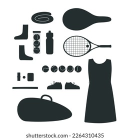 Flat vector silhouette illustration in childish style. Hand drawn tennis gear and equipment, racket, balls. Clipart isolated on white background