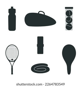 Flat vector silhouette illustration in childish style. Hand drawn tennis gear and equipment. Clipart isolated on white background