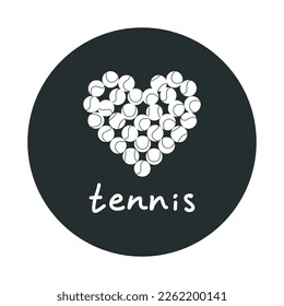 Flat vector silhouette illustration. Hand drawn tennis balls in heart shape. Love tennis. Clipart isolated on white background