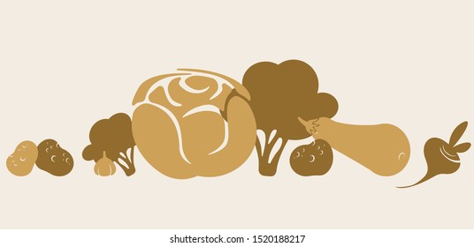 Flat vector silhouette illustration of healthy, organic, vegetables with a garkic, a turnip, a broccoli, an eggplant a potato and a cabbage