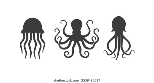 Flat vector silhouette illustration of marine creatures such as octopus, squid, and jellyfish on a white background