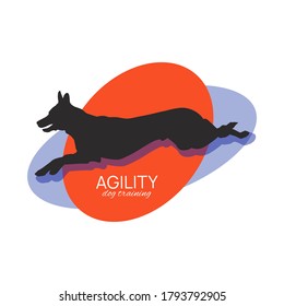 Flat Vector Silhouette Of Jumping Dog For Agility Club Logo Design Template.