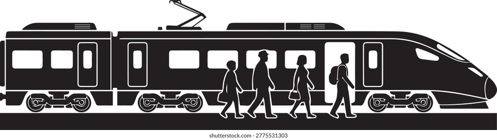 Flat vector silhouette of people boarding a city train at the platform. Perfect for public transport and commuting themes.