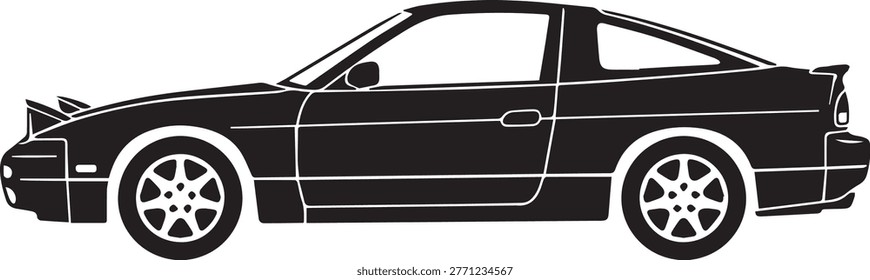Flat vector silhouette of a performance hot hatch car with a compact body and sporty roof spoiler.