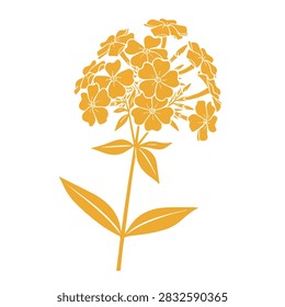 A flat vector silhouette of a phlox flower cluster with leaves in a solid orange color on a plain background