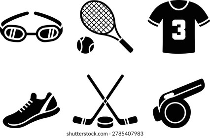 Flat vector silhouette sports equipment and recreation icon set.