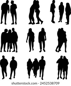 flat vector silhouettes of friends, groups of friends, groups of people, people with transparent background, eps, vector