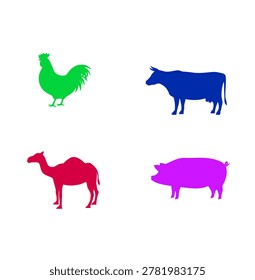 Flat vector silhouettes of livestock including green rooster, blue cow, red camel, and purple pig graphic elements.