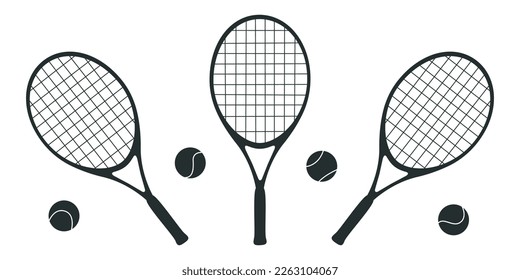 Flat vector sillhouette illustration in childish style. Hand drawn tennis rackets and balls. Clipart isolated on white background