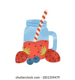 Flat vector simple cartoon illustration of healthy beverage with strawberry and blueberry. Tasty smoothie with berries isolated on white. Non alcoholic refreshing summer drink with straw in glass jar