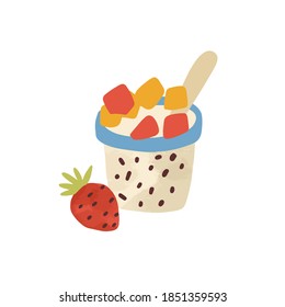 Flat vector simple cartoon illustration of yoghurt with succade and strawberry. Tasty dairy dessert composition with sliced fruits isolated on white. Berry ice cream with spoon in paper cup