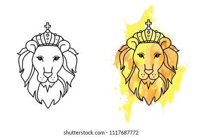 Flat vector simple icon style line art. Outline symbol of a head of a wild animal lion, leo. Stroke vector logo mono linear pictogram web graphics. Colorful background.