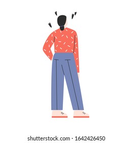 Flat vector simple illustration of a woman. Minimal drawing of a woman in pastel colors. Girl in red sweater and blue jeans standing, posing. Design element for 8 March cards, posters, banners.